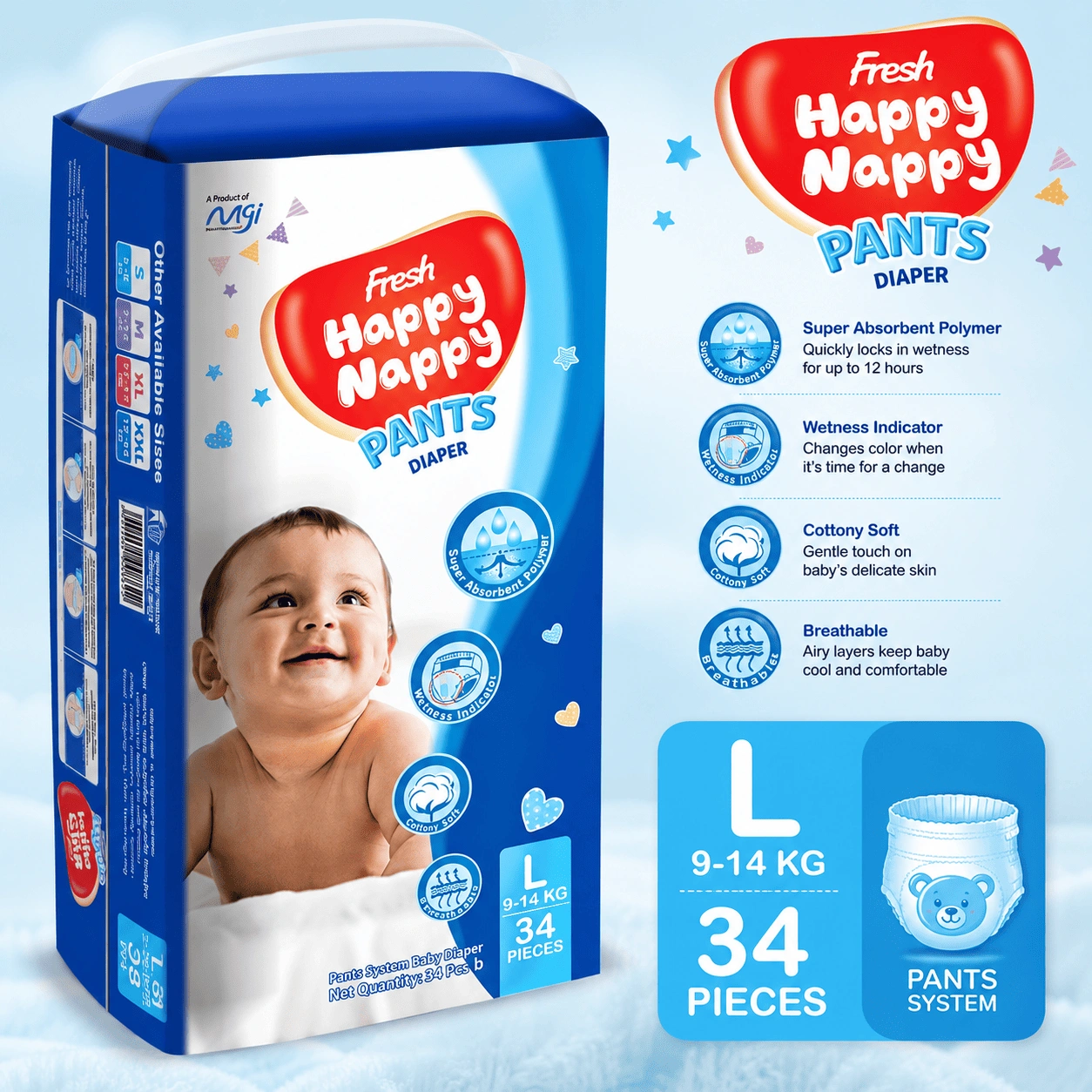 ChatGPT Image Sep 2, 2026, 03_24_41 PM (1) Fresh Happy Nappy Pant Diaper – L Size (9–14 kg), 34 Pcs - Image 1