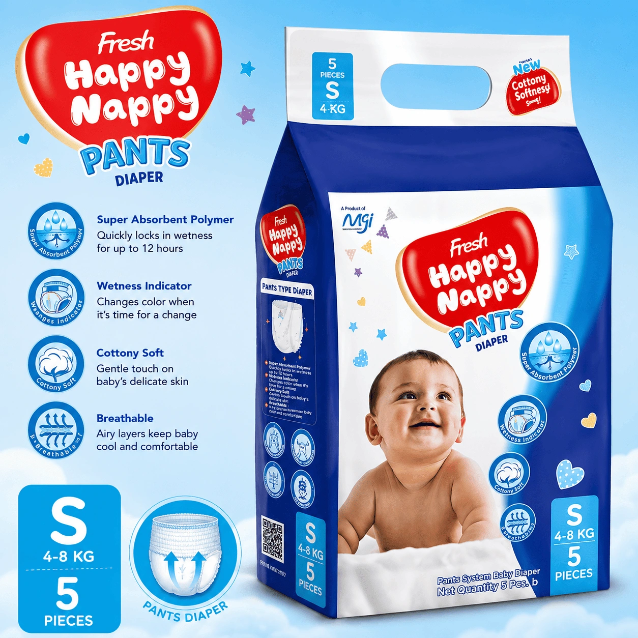 ChatGPT Image Sep 2, 2026, 03_50_39 PM (1) Fresh Happy Nappy Pant Diaper – S Size (4–8 kg), 5 Pcs - Image 1