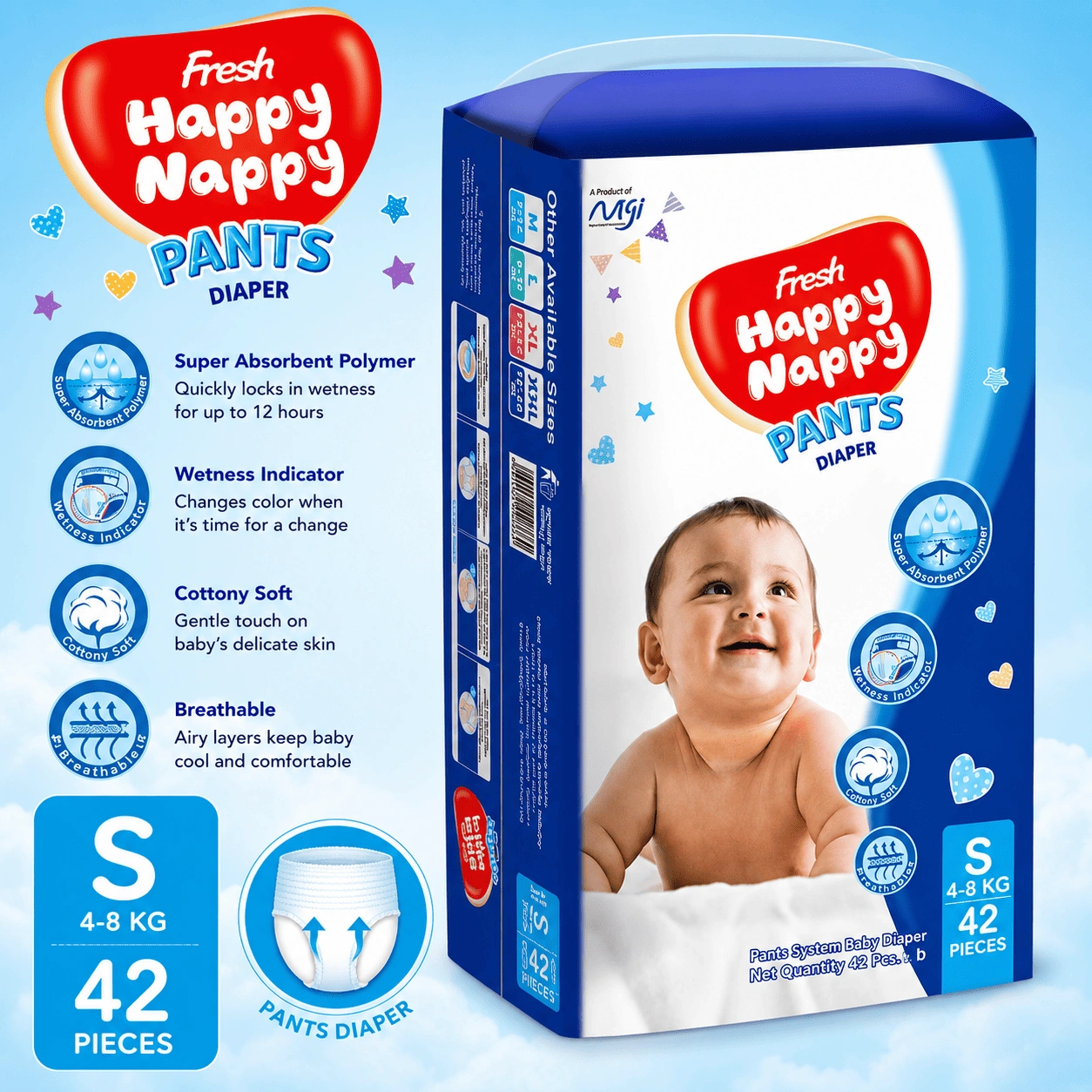 ChatGPT Image Sep 2, 2026, 03_53_36 PM (1) Fresh Happy Nappy Pant Diaper – S Size (4–8 kg), 42 Pcs - Image 1